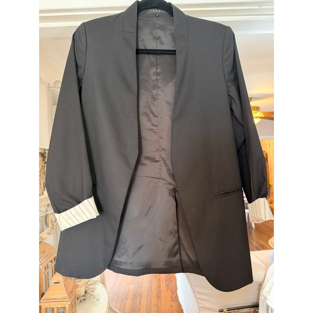 Theory Long Blazer Women Size 4 Black Good Wool Open Front Pinstripe Cuff